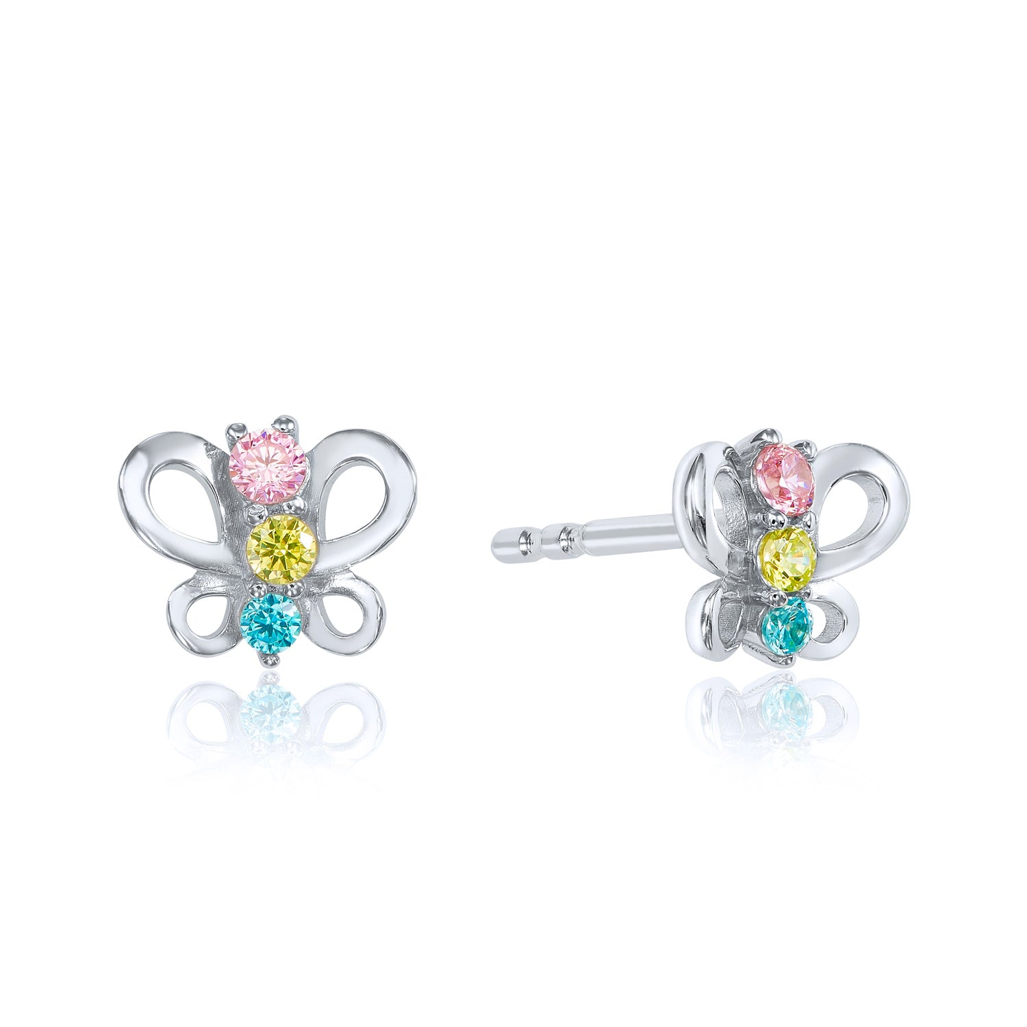 Kinder-Ohrstecker Schmetterling mit 6 Zirkonia aus 925er Silber – Rhodiniert – Ab 1 Jahr
