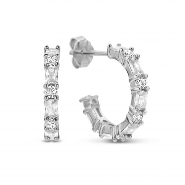 Halbcreolen mit Zirkonia – 15 mm – Rhodiniertes Silber 925 – Weiß