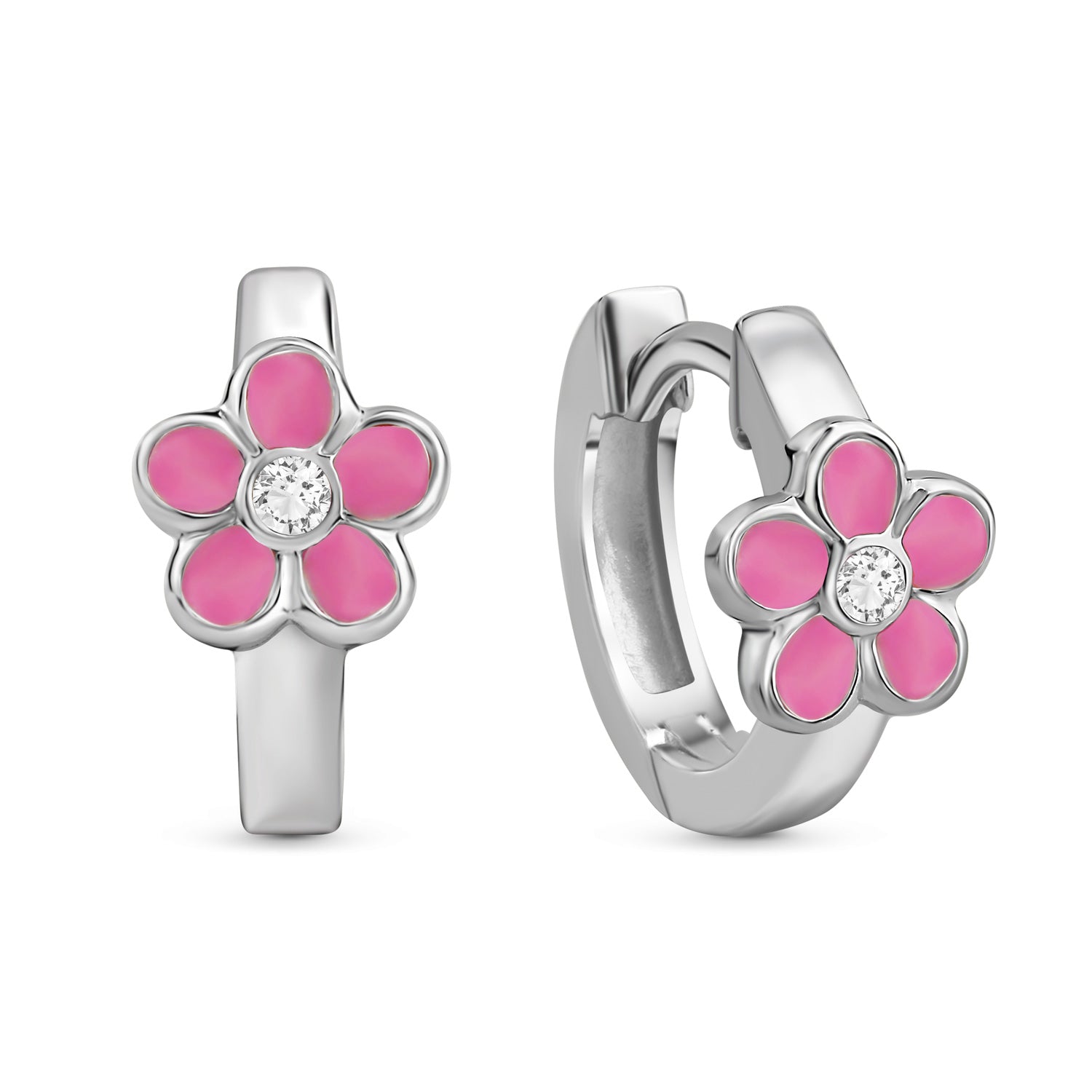 Rosa Blume Kinder-Klappcreolen mit Zirkonia und Lack aus 925er Silber – Rhodiniert – Ab 1 Jahr