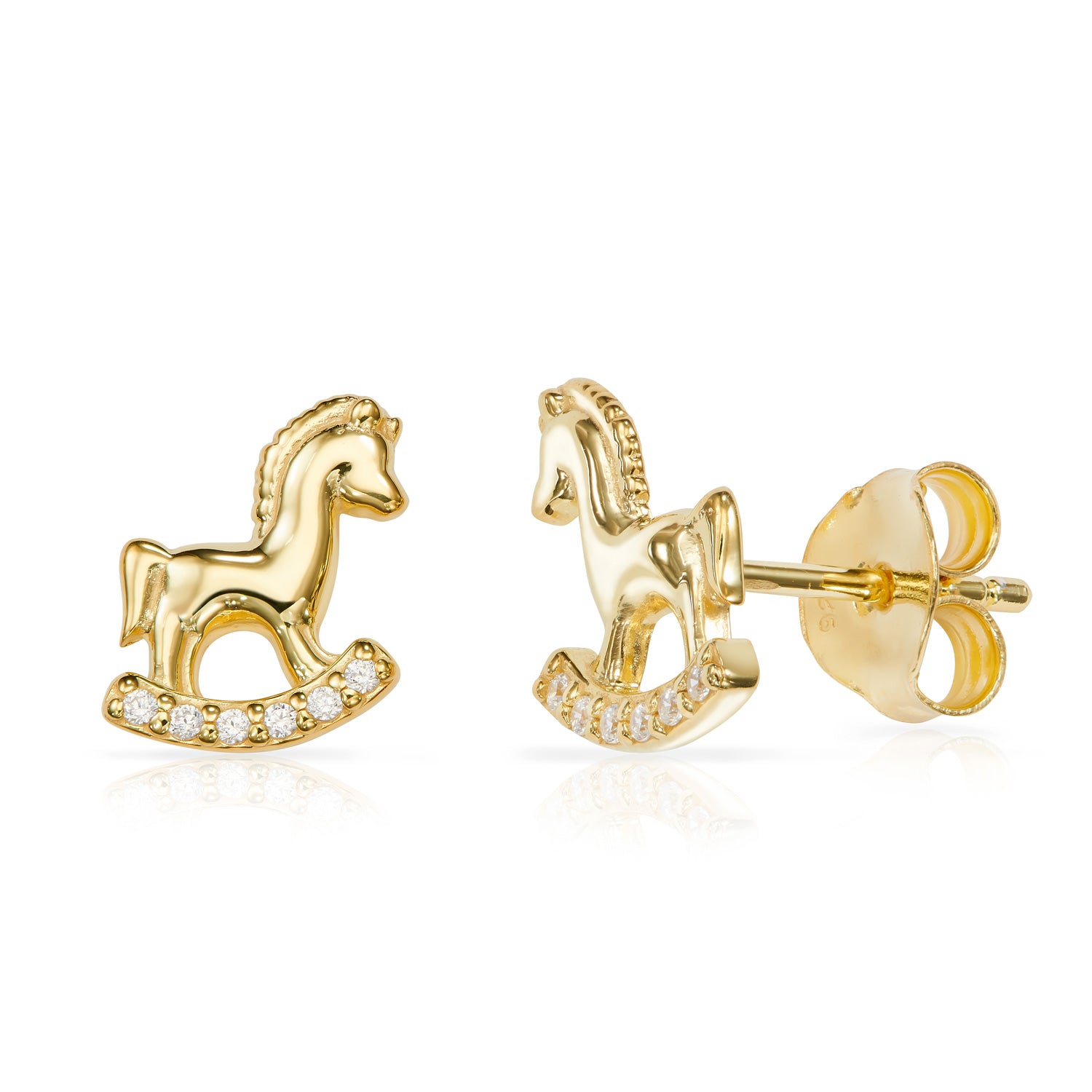 Kinder-Ohrstecker Pferd mit 12 Zirkonia aus 925er Silber – Vergoldet – Ab 1 Jahr