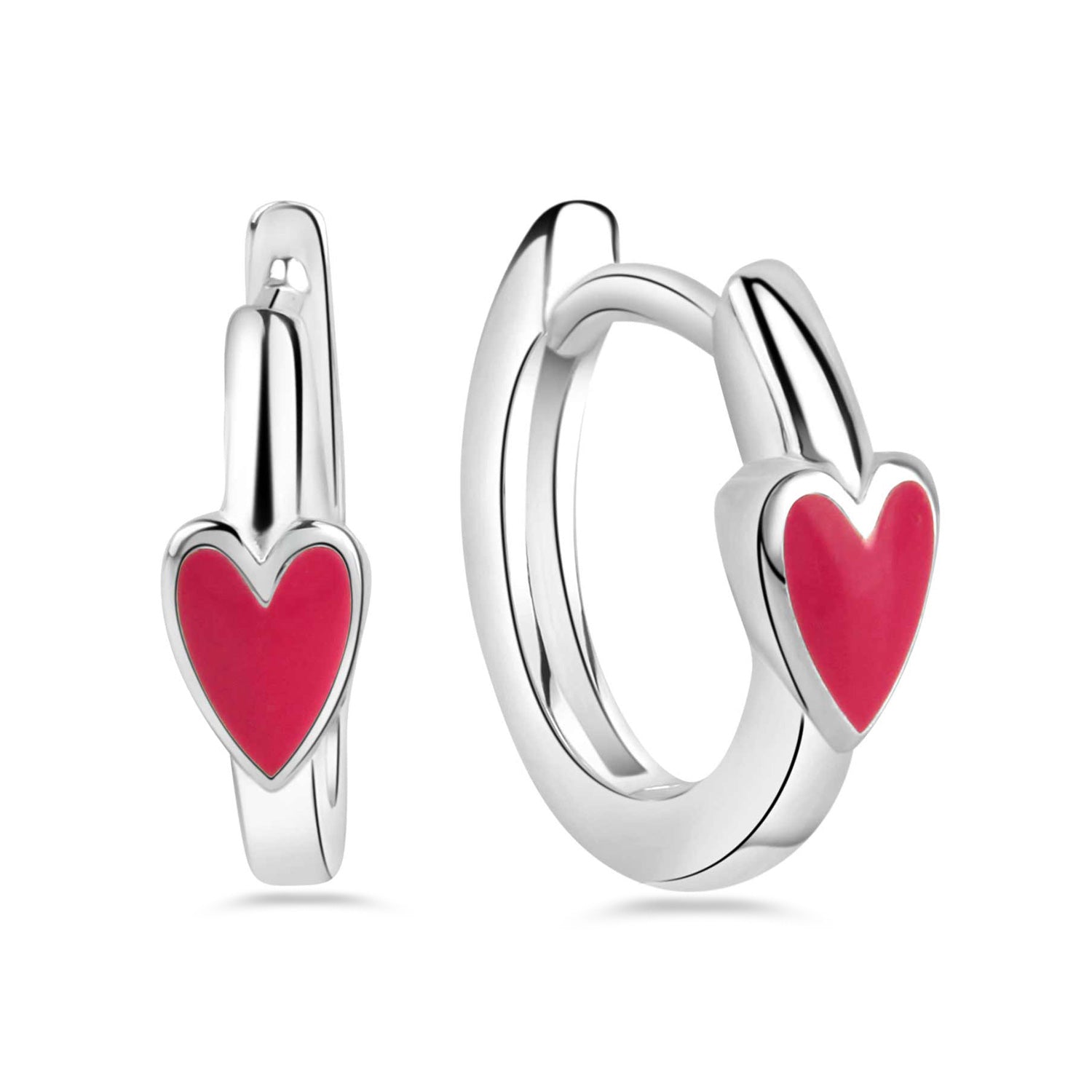 Kinder-Klappcreolen Herz mit pinkem Lack aus 925er Silber – Rhodiniert – Ab 1 Jahr