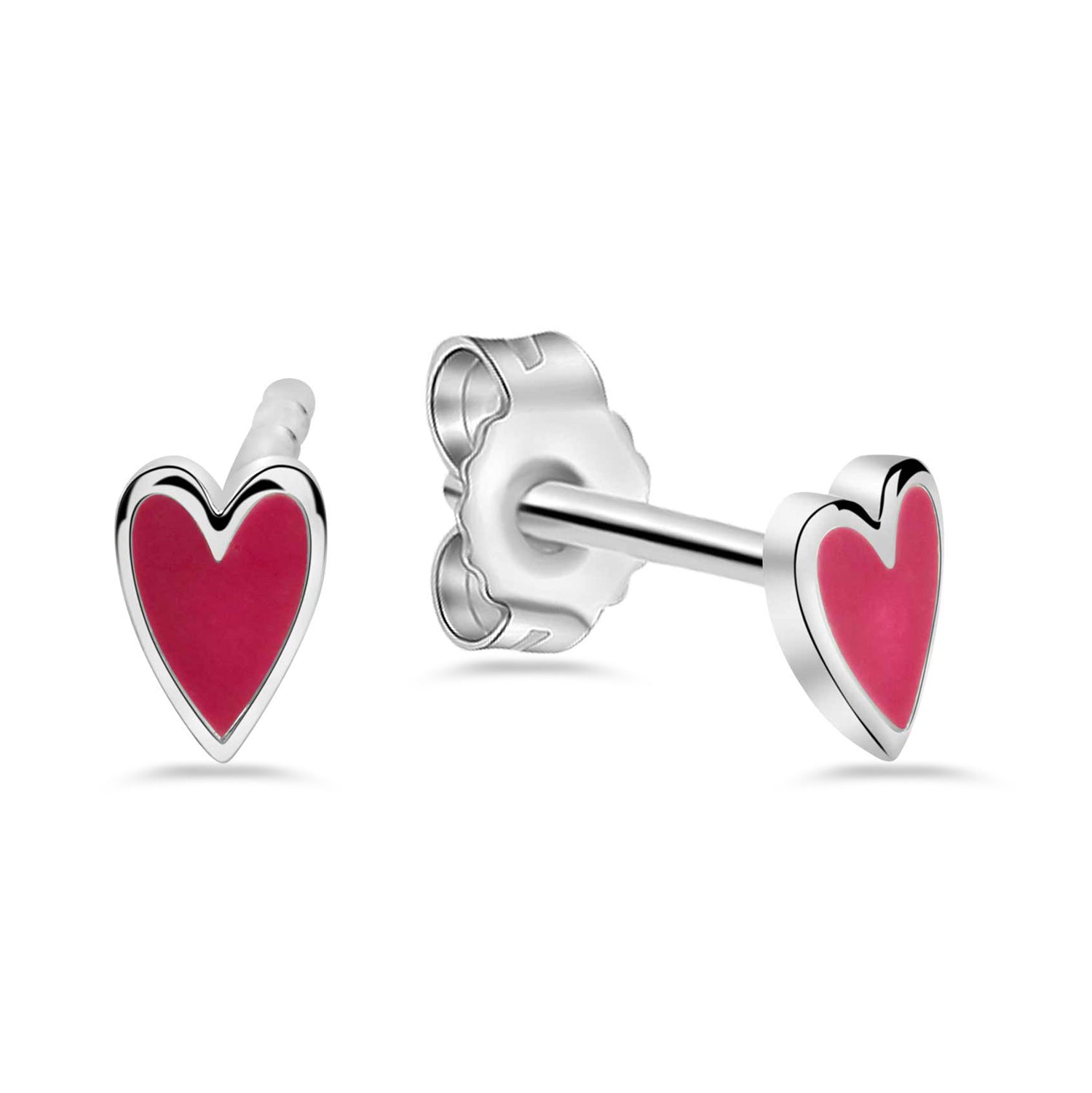 Kinder-Ohrstecker Herz mit pinkem Lack aus 925er Silber – Rhodiniert – Ab 1 Jahr